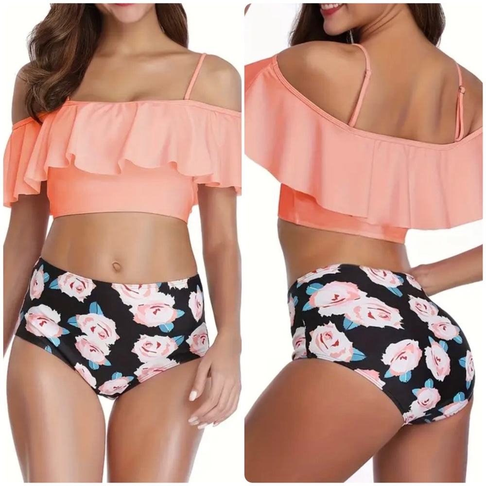Orange Off Shoulder Ruffled Black Floral High Waisted Bikini Set